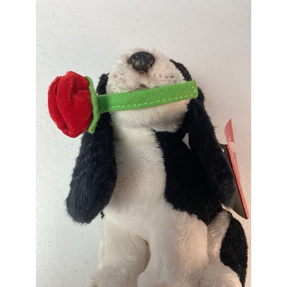 Russ Berrie 5” Black White Puppy Plush w/ Red Rose Small Valentine Gift Toy - Picture 12 of 16